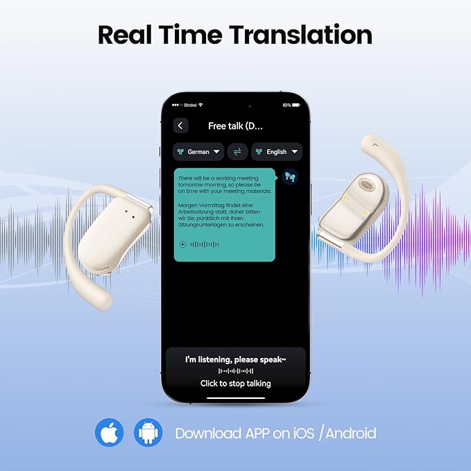 AI Translation Earbuds Real Time 164 Languages 80H Playtime Translator Ear Buds Audifonos Traductores Inglés Español Wireless Translating Earbuds Bluetooth Headphones for Travel Meeting Learning Large