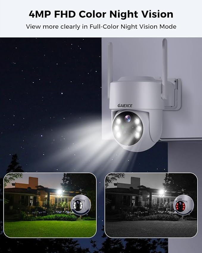Wireless Solar Camera System Outdoor, 2PCS 4MP Home Battery Camera with 500GB HDD, 【No Monthly Fee】, Pan Tilt 360° View, PIR Motion Detection, Color Night Vision, IP66, 2-Way Audio