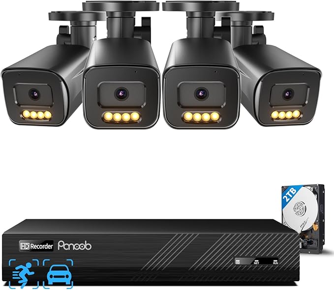 4 Camera Security System 8 Channel, 4X 5-Megapixel Wired IP Bullet PoE Camera Outdoor, AI Human Vehicle Detection, 2 Way Audio, Smart Color Night Vision, 4K 8CH NVR with 2TB HDD, PB65B0408-5MD