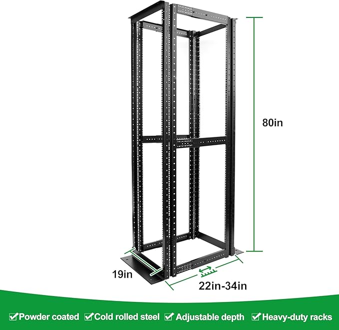4-Post 42U Open Frame Server Rack for 19" IT Network Equipment & A/V Devices，22"-34" Adjustable Depth，Heavy Duty Free Standing Rack for Servers & AV Gear 4POST-N42U