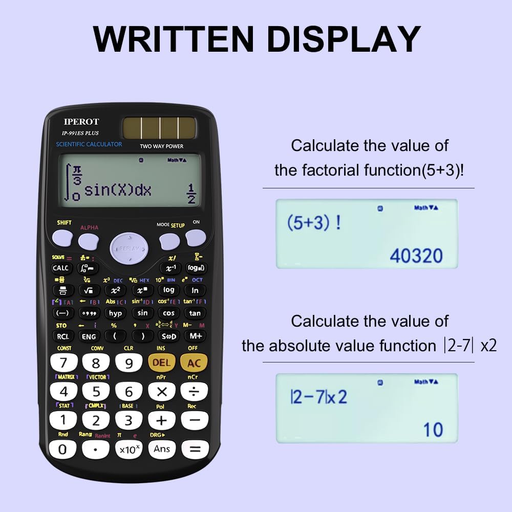 Scientific Calculators, IPEROT Black Math Calculator with 417 Function, Solar Battery Power and 4-Line Display, School Supplies for Middle High College Students Teachers (Black 991ES)