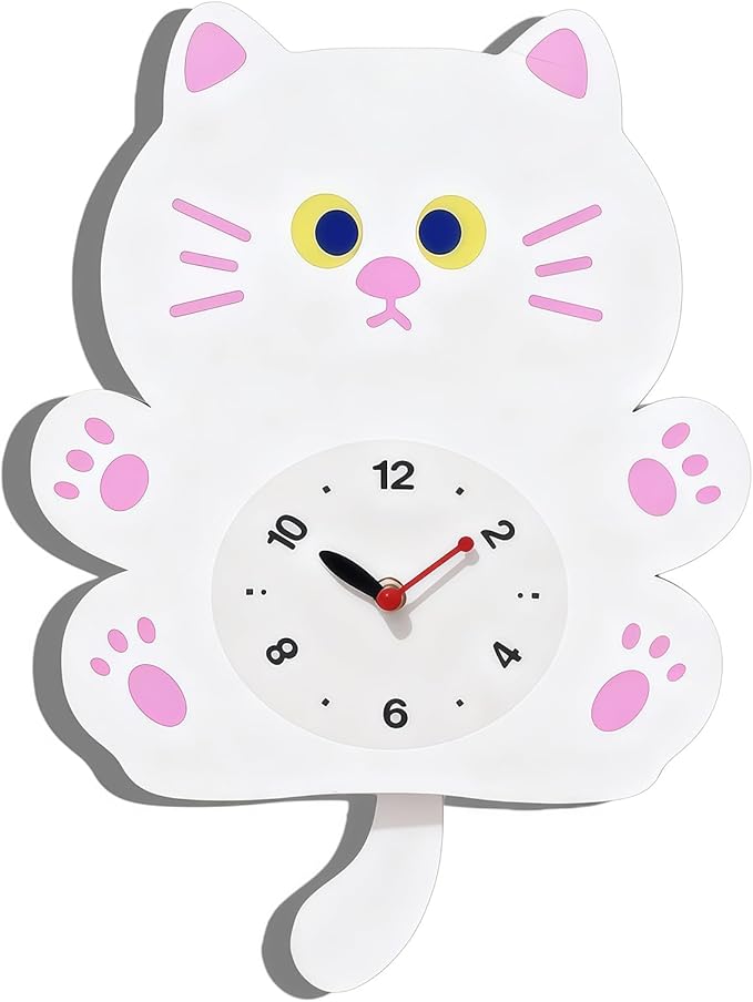 FASHION in THE CITY Adorable Cat Themed Swing Wall Clock - Silent Non-Ticking Pendulum Clock, Easy to Read Analog Clock for Cat Lovers, Nursery, Kitchen, Cute Home Decor Gift (YBZ001-White)