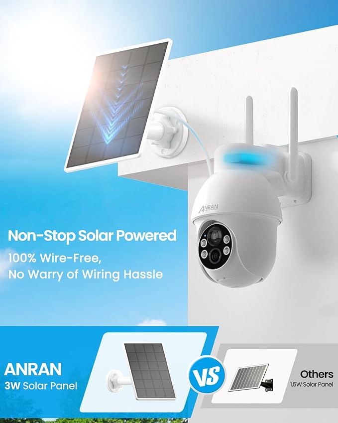 ANRAN 2K Solar Security Camera Outdoor Wireless, WiFi Camera Battery-Powered with 360° PTZ for Home Security, 3MP Color Night Vision, PIR Motion Detection, Two-Way Audio, Compatible with Alexa