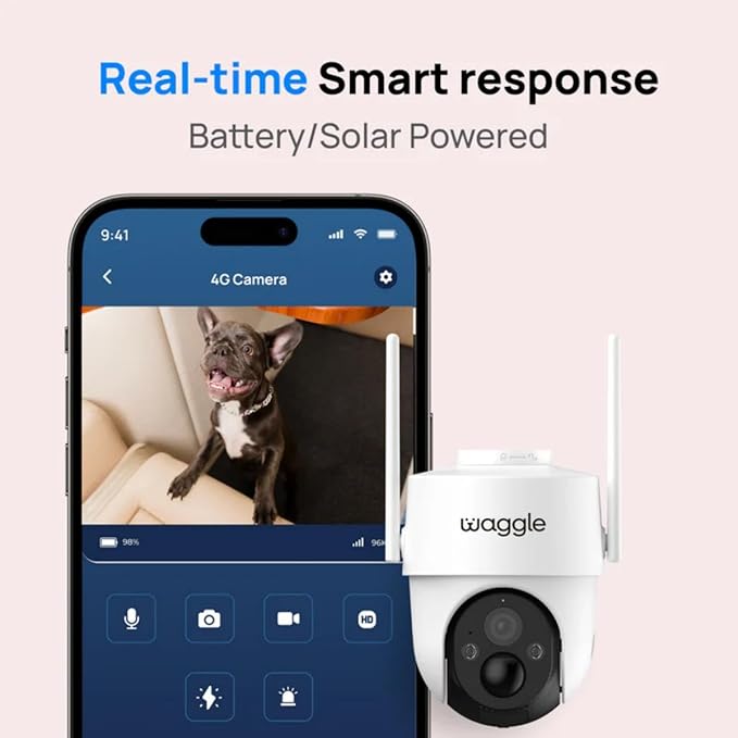 Waggle 4G LTE Solar Security Camera, 2K Wireless Outdoor Camera, No Wi-Fi Needed, 350° Pan 90° Tilt, PIR Motion Detection, AOV, Ultra Vision Day & Night - Subscription Required - Truly Unlimited Data