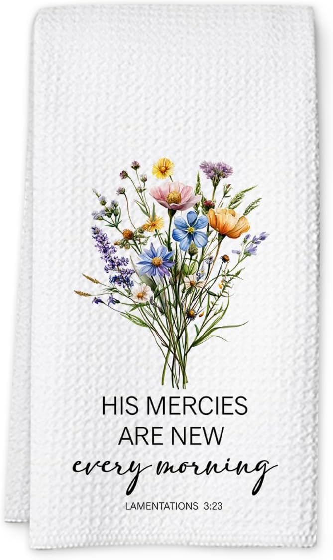 Christian Kitchen Towel, Waffle Weave Microfiber Scripture Hand Towel, His Mercies are New Every Morning Bible Verse Farmhouse Decor for Kitchen Bathroom, Inspirational Gift for Women
