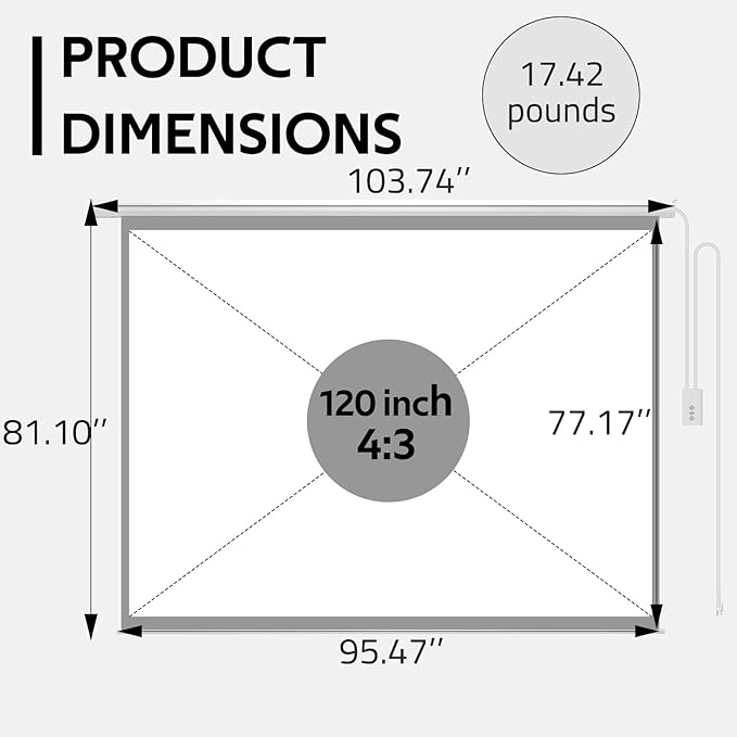 YODOLLA 120 inch Projector Screen Motorized,4:3 HD Retractable Electric Projector Screen 4K 3D Wall Mounted Ceiling Automatic Projection Screen Drop Down with Remote Movie Screen for Indoor Outdoor