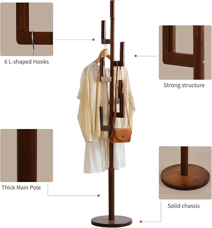 Bamboo Cactus Coat & Clothes Rack Stand, Standing Freestanding Clothing Racks with 6 Hooks for Adults & Kids, Heavy Duty Modern Entryway Living Room Bedroom Corner Coat Rack