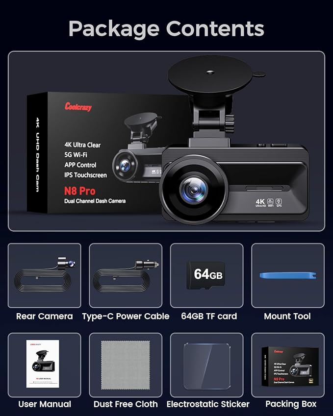COOLCRAZY 4K Dash Cam Front and Rear with Touch Screen & STARVIS Sensor,5.8Ghz Wi-Fi,GPS,64GB Card,Night Vision Dashcam,G-Sensor,Loop Recording,App Control,24H Parking Monitor Car Camera