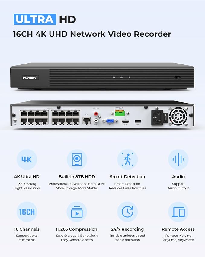 H.VIEW 4K PoE Security Camera System,16CH 8MP NVR with 8TB Large HDD,16pcs 4K Indoor Outdoor PoE IP Cameras,Face/Person/Smart Detection,2 Way Audio,Night Vision,Dual-Disk Backup for 24/7 Recording