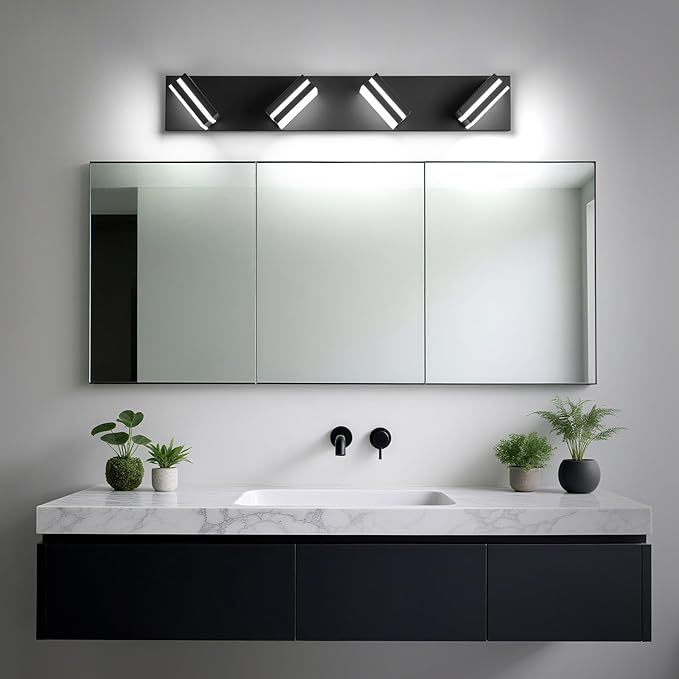 Modern LED Bathroom Lights Fixtures(4-Light),Metal Black Acrylic Wall Lighting,Vanity Lights for Bathroom Over Mirror(6000k 27in)