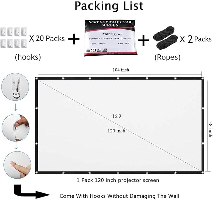 120 inch Projector Screen 16:9 Foldable Anti-Crease Portable Projector Movies Screens for Home Theater Outdoor Indoor Support Double Sided Projection