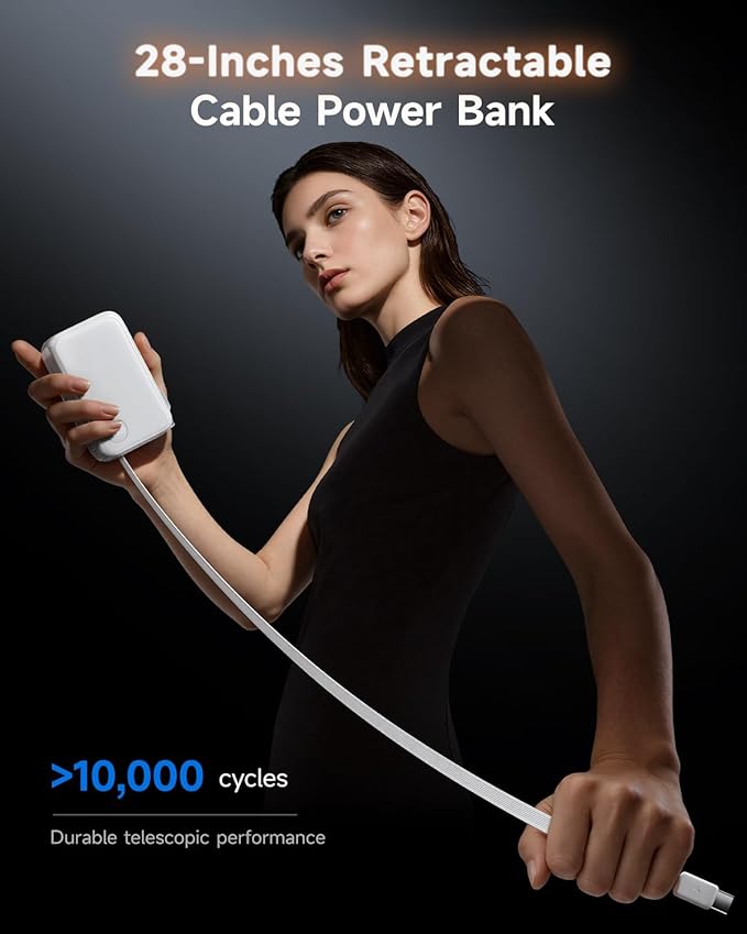 HOU 3 in 1 Portable Power Bank 10000mAh, 35W PD Fast Charging, Retractable USB-C Cable, Foldable Wall Plug, Dual Device Charging, FCC&UL Certified, Compatible with iPhone 17 Pro Max, Samsung, iPad