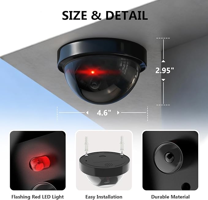 WALI Dummy Fake Security CCTV Dome Camera with Flashing Red LED Light with Security Alert Sticker Decals (SD-6), 6 Packs, Black
