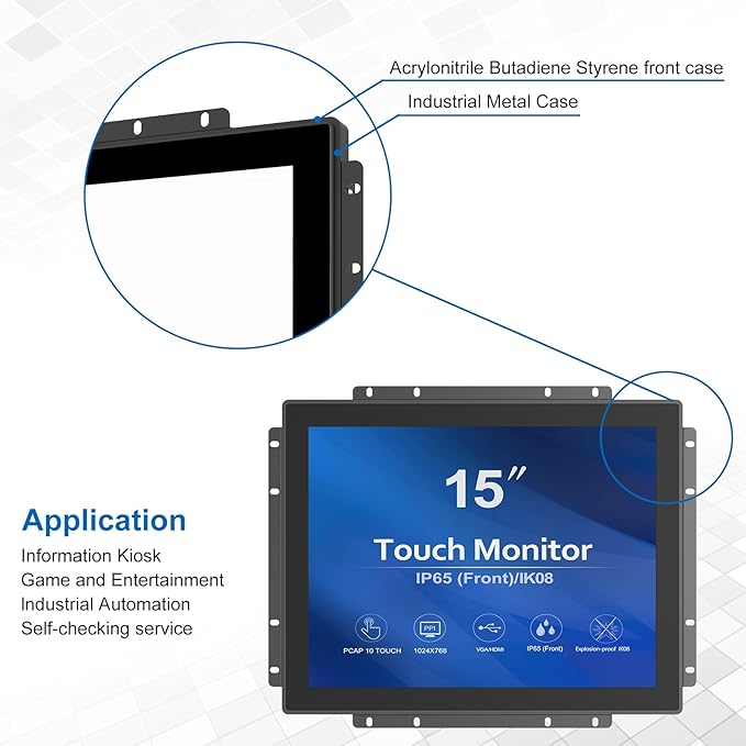 GreenTouch 15 Inch Industrial Open-Frame Touchscreen LCD Monitor - Capacitive PCAP -1024x768-5:4-Black-1000 Nits High Brightness