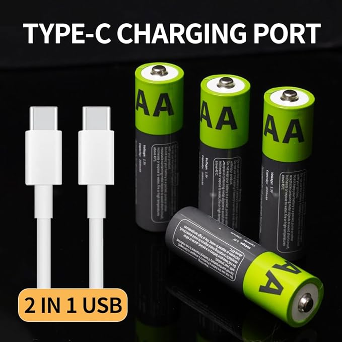 2000mAh USB-C Rechargeable AA Batteries, 1200 Cycles Life, Fast Charging with Type-C Cable, for Gaming Controllers, Mouse, Keyboard & Home Electronics, Black Green (24)