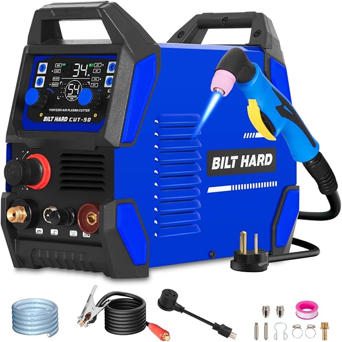 BILT HARD Plasma Cutter, 50A Plasma Cutting Equipment, Non Touch Pilot Arc, 110V/220V Dual Voltage, Digital Display Screen, DC Inverter IGBT Plasma Cutter Machine for Beginners