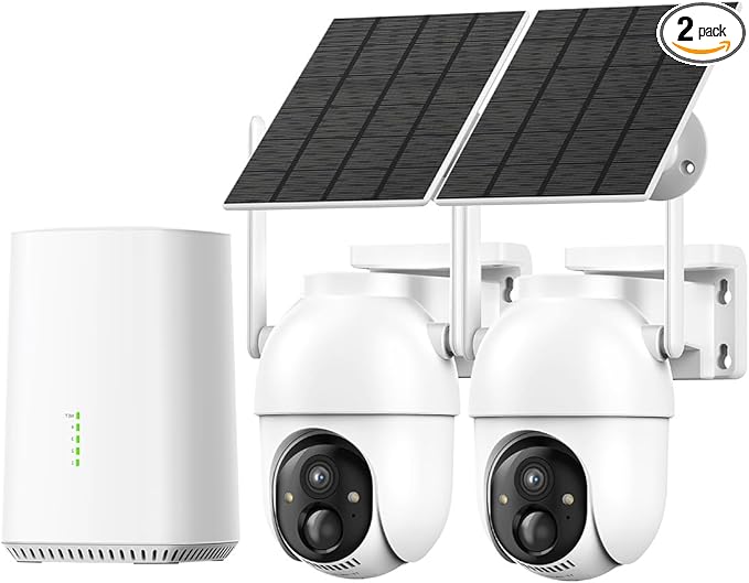 Aume 4MP Security Cameras Wireless Outdoor, 2-cam-kit, No Monthly Fee, Solar Powered Home Surveillance System, 360° Panoramic View, 2K Color Night Vision, Real-time Alerts, Support 5G&2.4G WiFi Router