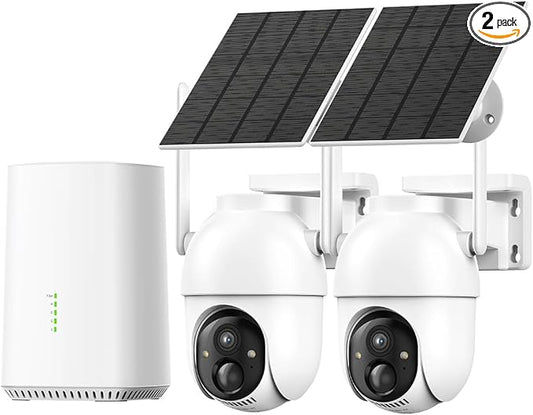 Aume 4MP Security Cameras Wireless Outdoor, 2-cam-kit, No Monthly Fee, Solar Powered Home Surveillance System, 360° Panoramic View, 2K Color Night Vision, Real-time Alerts, Support 5G&2.4G WiFi Router