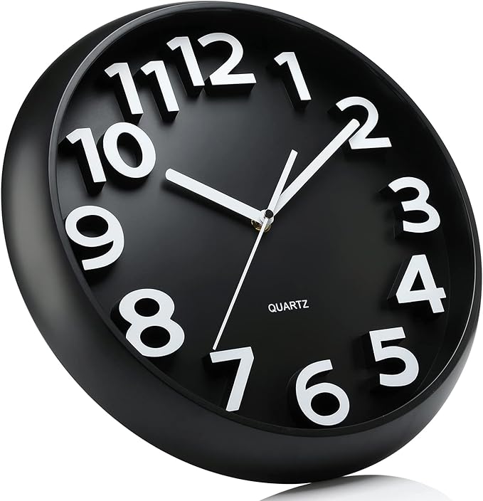 Plumeet 13'' Wall Clock, Large Battery Operated Wall Clocks Silent Non-Ticking Quartz, Modern Style Suitable for Bedroom Living Room Office Decor - 3D Numbers Display Easy to Read, Black
