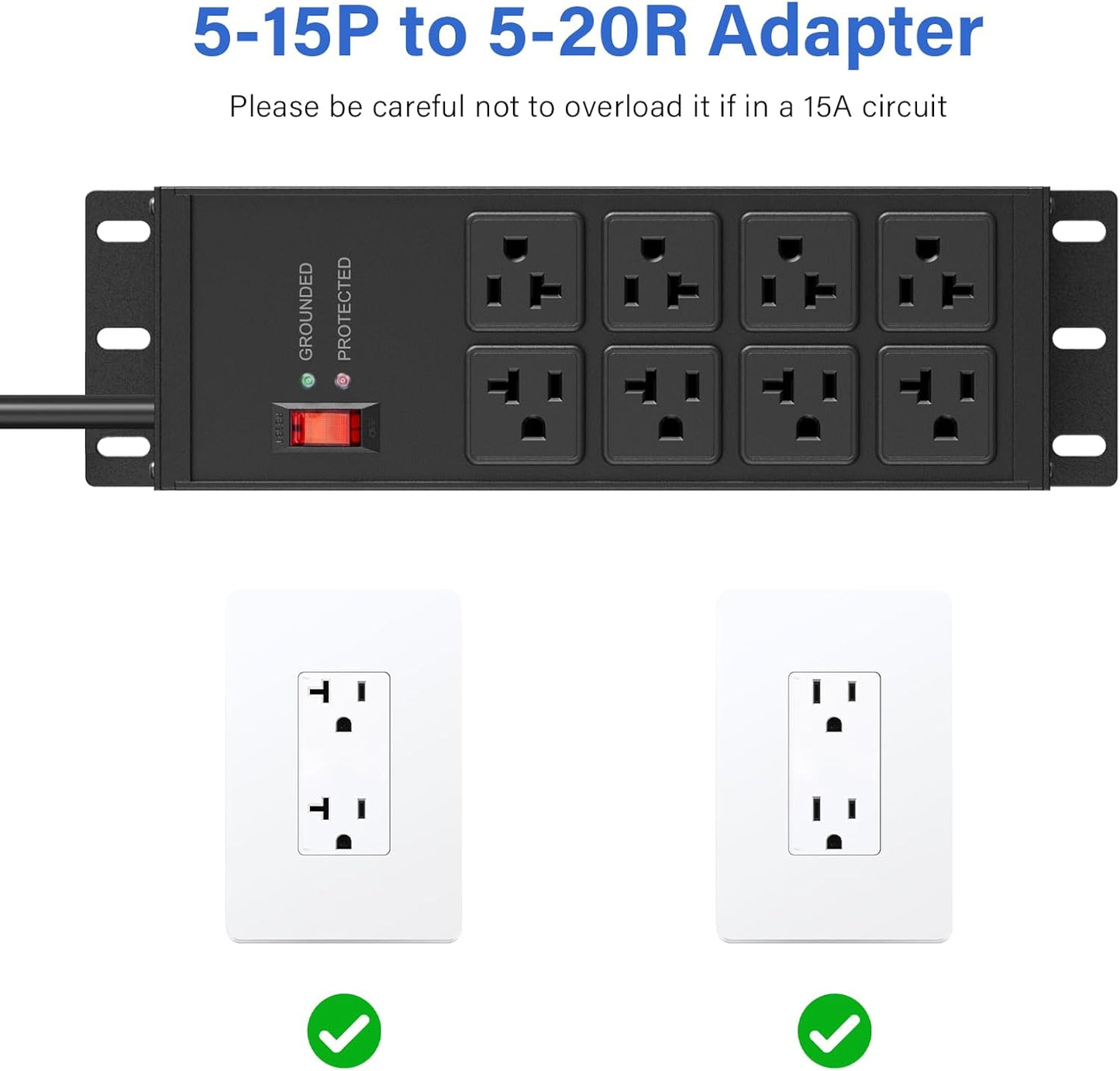 CCCEI Magnetic Heavy Duty Power Strip Surge Protector 20Amp, 12 Gauge High Amp Extension Outlets, Garage Wall Mount 8 Plug Metal Power Strip. 10FT, Black, 5-15P Adapter 6-20R T-Slot 20a for Appliance