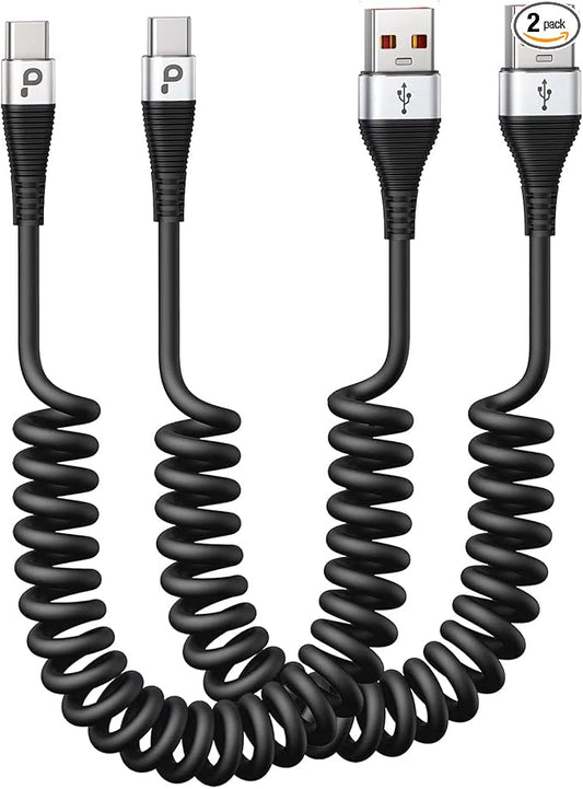 USB Type C Cable Fast Charging, 2Pack 5ft Coiled USB A to USB C Charge Cable for Car Android Auto Charging Cord Compatible with iPhone 17/16/15/Plus/Pro/Samsung Galaxy S20 S10 and More USB C Devices