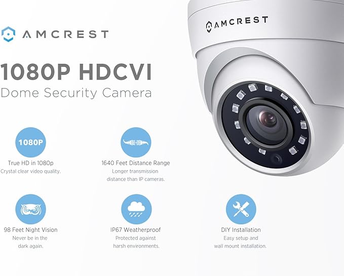 Amcrest Full HD 1080P 1920TVL Dome Outdoor Security Camera, 2MP 1920x1080P, 98ft Night Vision, Metal Housing, 3.6mm Lens 90° Viewing Angle, White (REP-AMC1080DM36-W) (Renewed)