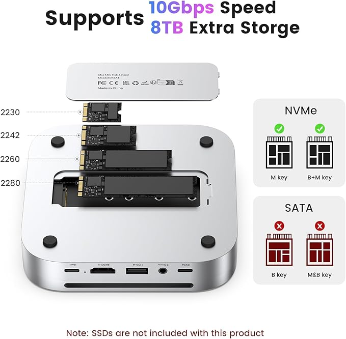 Mac mini M4 Dock & Hub with 8TB NVMe SSD Enclosure, 4K@60Hz HDMI, 2x10Gbps USB A, 1x5Gbps USB A, USB-C Charge, SD/TF, Audio 3.5mm, Stand Docking Station for Mac mini M4/M4 Pro