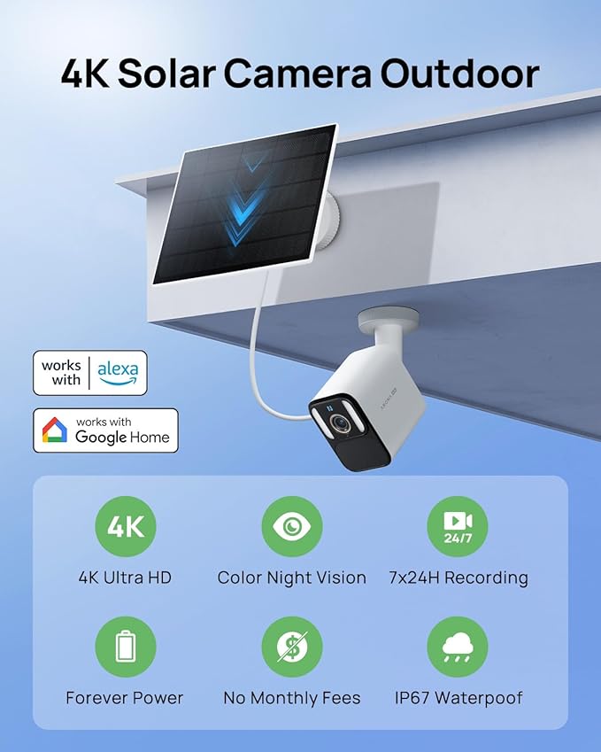 Anona Aurora 4K Solar Security Cameras Wireless Outdoor, Forever Power with Solar Panel, 8MP Color Night Vision, 24/7 AOV Recording, No Monthly Fees, AI Detection, Easy Setup, 2.4 GHz Wi-Fi, IP67