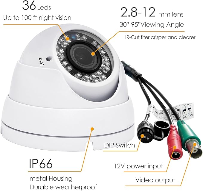 Analog CCTV Camera HD 1080P 4-in-1 (TVI/AHD/CVI/CVBS) Security Dome Camera Outdoor, 2.8mm-12mm Manual Focus/Zoom Varifocal Lens, Weatherproof Metal Housing 36 IR-LEDs Day & Night Monitoring (White)