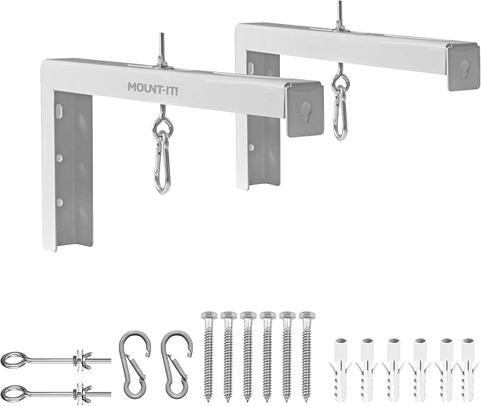 Mount-It! Projector Screen Wall Mount L-Brackets - Extra Large Wall and Ceiling Hanging Mount for Home Projector and Movie Screens, 12 inch Mounting Hooks, 1 Pair, White, 66 Lb Each Capacity