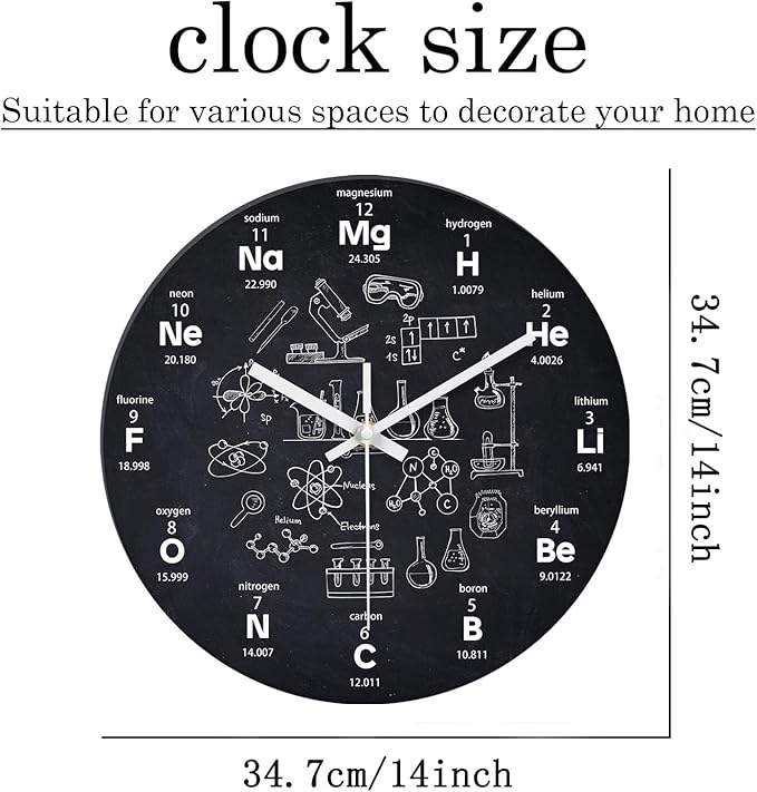 XNM Black Wall Clock for Living Room Round Glass Chemical Clock Battery Operated 14 Inch Analog Large Clocks for Walls