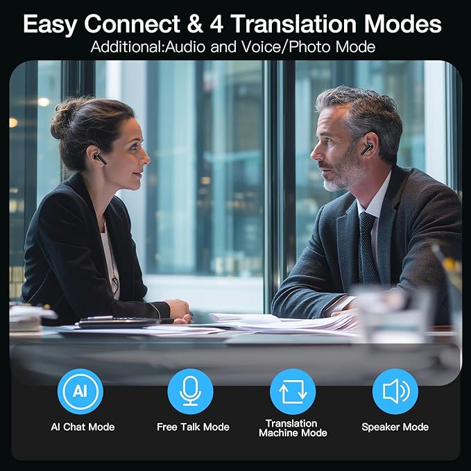 IAMJOY AI Translation Earbuds, 163 Language Two-Way Translator Device with Bluetooth and APP Built-in 6 Mics, 42dB Hybrid Noise Cancelling Language Translator Earbuds, Black
