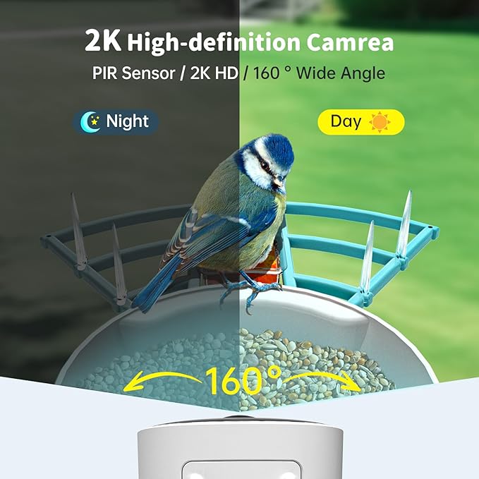 Smart Bird Feeder with Camera Solar Powered & AI Bi rd Identification, 2.4Ghz WiFi Bird feeders for Outdoors, 2K Live Video, Nstant Arrival Alerts - Blue