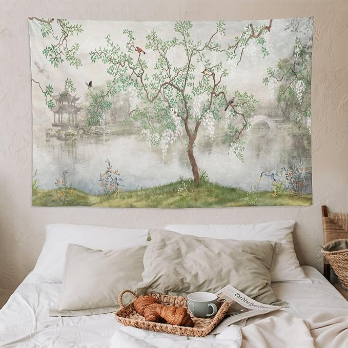 HZOHNAGO Japanese Tapestry Tree Misty Garden Lake Printed Wall Tapestry Ink Painting Wall Hanging for Bedroom Living Room Dorm 90" W x 60" H