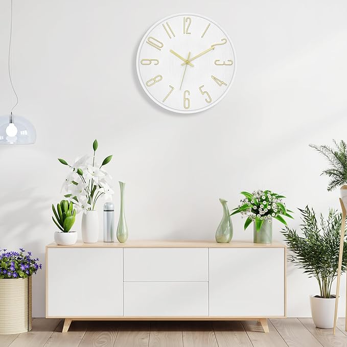 Foxtop Wall Clock 12 Inch Silent Non Ticking Battery Operated Round Wall Clock Modern Simple Style Clocks Decorative for Home Office Bedroom Kitchen School (White)