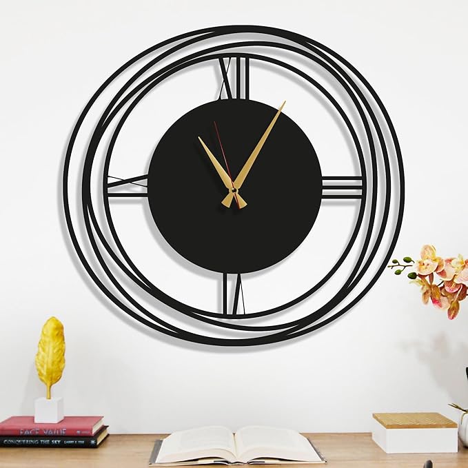 Circular Harmony Wall Clock – 28 Inch XL, Ultra-Quiet Quartz, Black Metal Statement Minimalist Clock for Loft, Hallway, Living Room