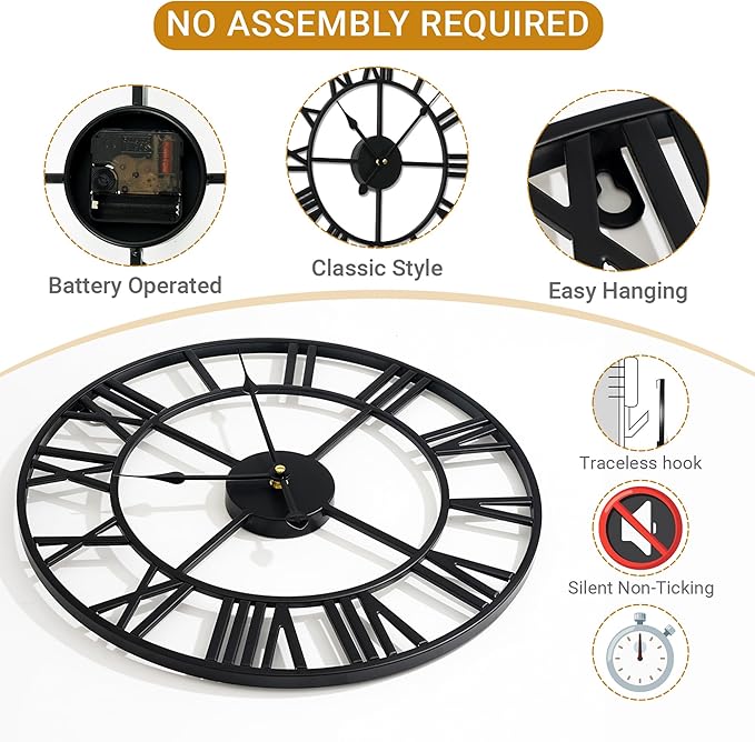 30inch/76cm Extra Large Wall Clock for Bedroom Living Room Battery Operated Big Metal Decorative Analog Silent Giant Non Ticking Clocks Room Wall Decor (Iron Roman Numerals, 30 inches)