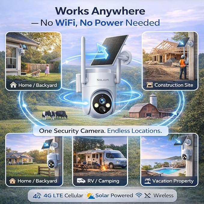 SOLIOM 4G LTE Cellular Security Camera, No WiFi Security Camera, Security Camera Wireless Outdoor for Remote Areas – Solar Powered, Live View, Color Night Vision, PIR Motion Sensor, 2-Way Talk, S90