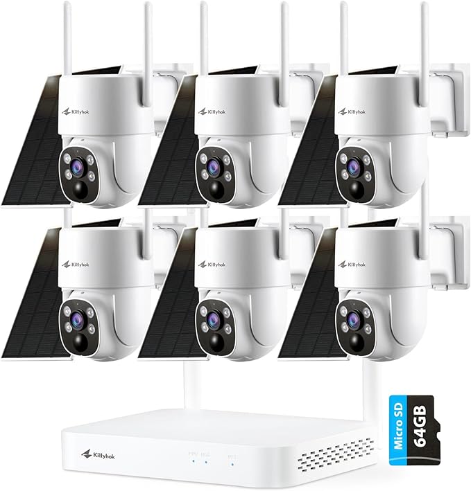 Kittyhok 10CH Solar Security Camera System | 6pcs 2K Ultr Pan & Tilt Solar Camera Wireless Outdoor with Humman Detection, Spotlight, 2-Way Audio | 10 CH NVR System, 45-Day Local Storage