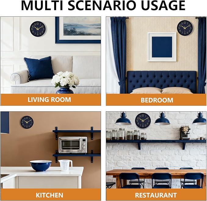 Silent Wall Clocks Battery Operated 8 Inch, Analog Wall Clock with Large Number Tempered Glass Clock Face, Navy Blue Quartz Non Ticking Wall Clocks for Living Room Bedroom Kitchen Office