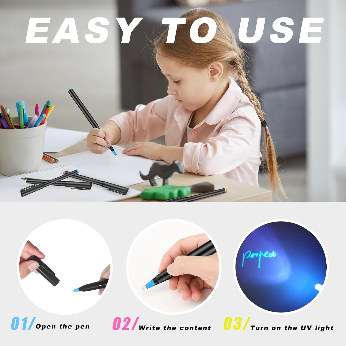 Invisible Ink Pen, Spy Pen with 9 PCS Mini UV LED Keychain Flashlight, Disappearing Ink Magic Pens with Black Light Markers for Secret Notes, Fit for Christmas Halloween Holiday Gifts (9 PCS)