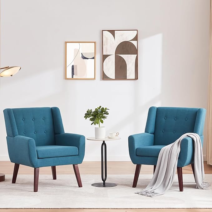 HUIMO Button-Tufted Accent Chairs Set of 2,Upholstered Reading Living Room Chair,Mid Century Modern Chair with Linen Fabric, Club Chair,Comfy Arm Chairs for Living Room,Bedroom,Lake Blue