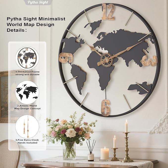 30 Inch Large Modern Decorative Metal World Map Wall Clocks Giant Extra Vintage Gold Arabic Numeral Oversized Wall Clock for Living Room,Office,Dining Room,Entryway,Fireplace