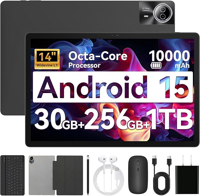 Tablet｜14 inch Android 15 Tablet｜30GB RAM 256GB ROM｜1920 * 1200 IPS FHD｜10000mAh 30W Fast Charging｜Octa-core Processor｜Wi-Fi 6, BT 5.4｜Dual Camera with Keyboard｜Mouse｜Stylus｜Case｜Headphone