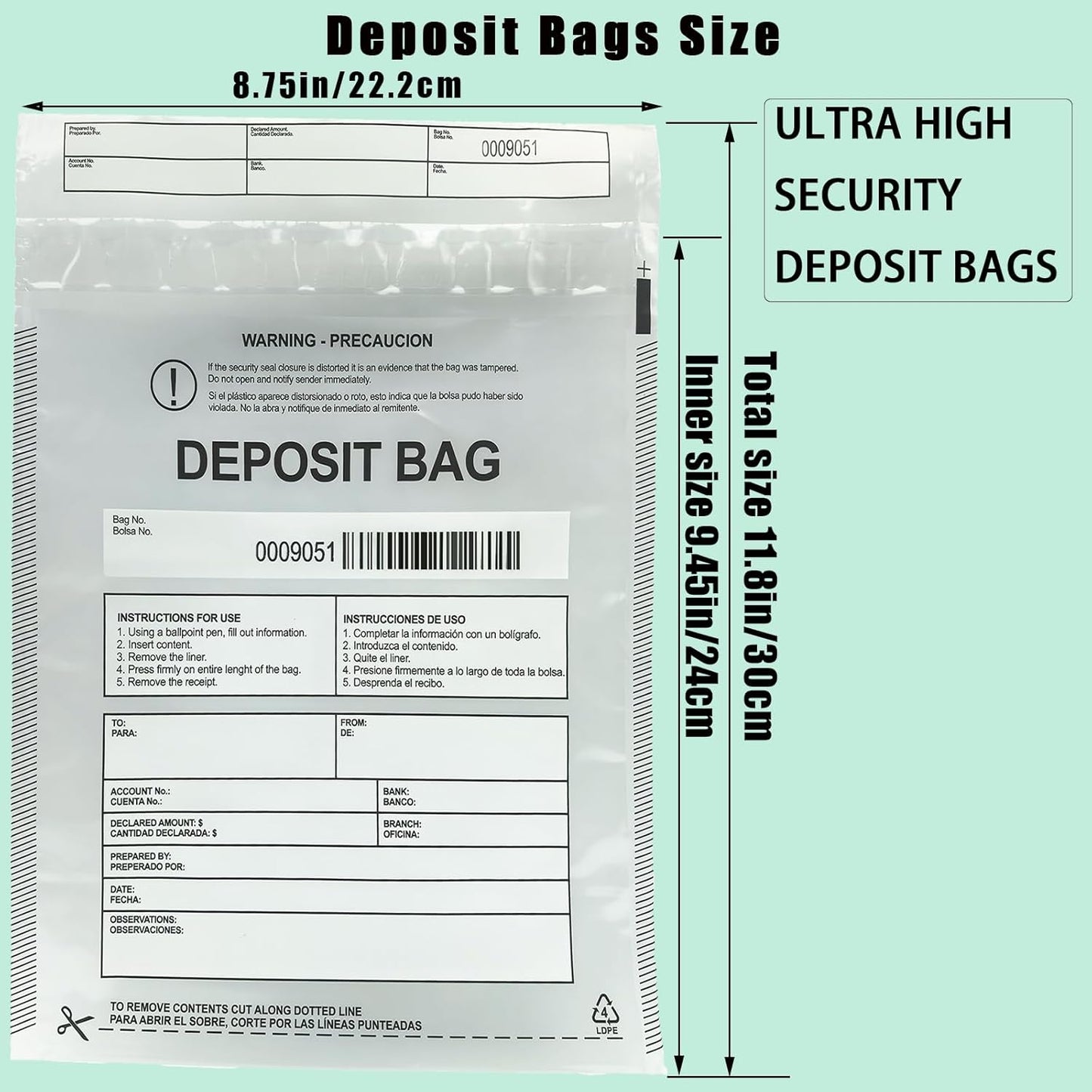 Plastic Deposit Bags 200-Pack 9''x12'', Clear Security Bank Deposits,Cash register,Money bag for Cash,Bank Pocket,Tamper-Evident,Unique Barcode