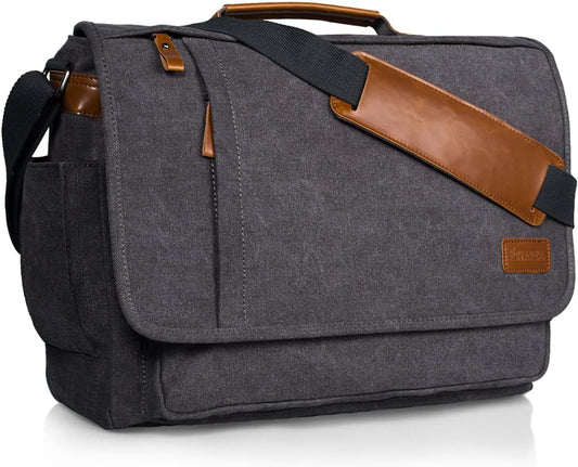 ESTARER Laptop Messenger Bag 17-17.3 Inch Water-resistant Canvas Shoulder Bag for Work College, Grey
