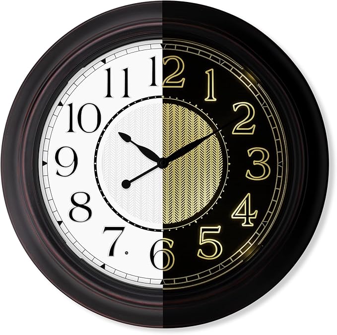 18 Inch Lighted Wall Clock Outdoor Clocks with Smart Light Sensor Battery Operated Wall Clocks with Night Light, Waterproof Wall Clock for Patio, Garden, Porch, Living Room, Home, Office