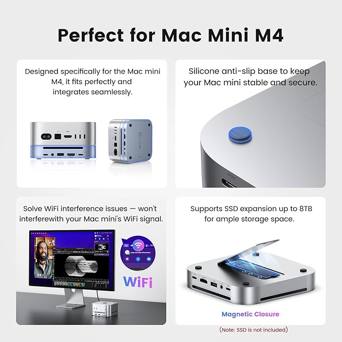 Mac mini M4 Dock & Hub with 8TB NVMe SSD Enclosure, 4K@60Hz HDMI, 2x10Gbps USB A, 1x5Gbps USB A, USB-C Charge, SD/TF, Audio 3.5mm, Stand Docking Station for Mac mini M4/M4 Pro