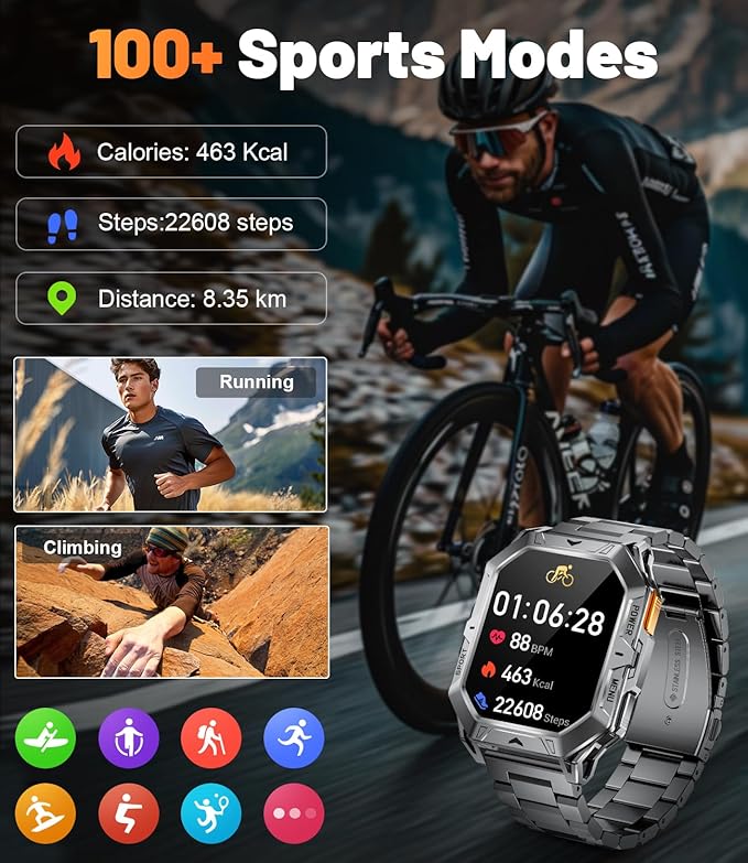 TX1 Military Smart Watch for Men, 1000mAh 80 Days Long Battery, 2.13'' AMOLED Smartwatch, 100+ Sport Mode/IP68 Waterproof Fitness Tracker, Rugged Smart Watch for Android iOS Compatible