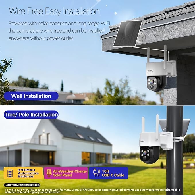 [Night Color] XMARTO Super HD Solar Powered Wire-Free Home PTZ Security Camera Wireless Outdoor (Eternal Solar Power, Starlight Night Color Video, 0 Monthly Fee)